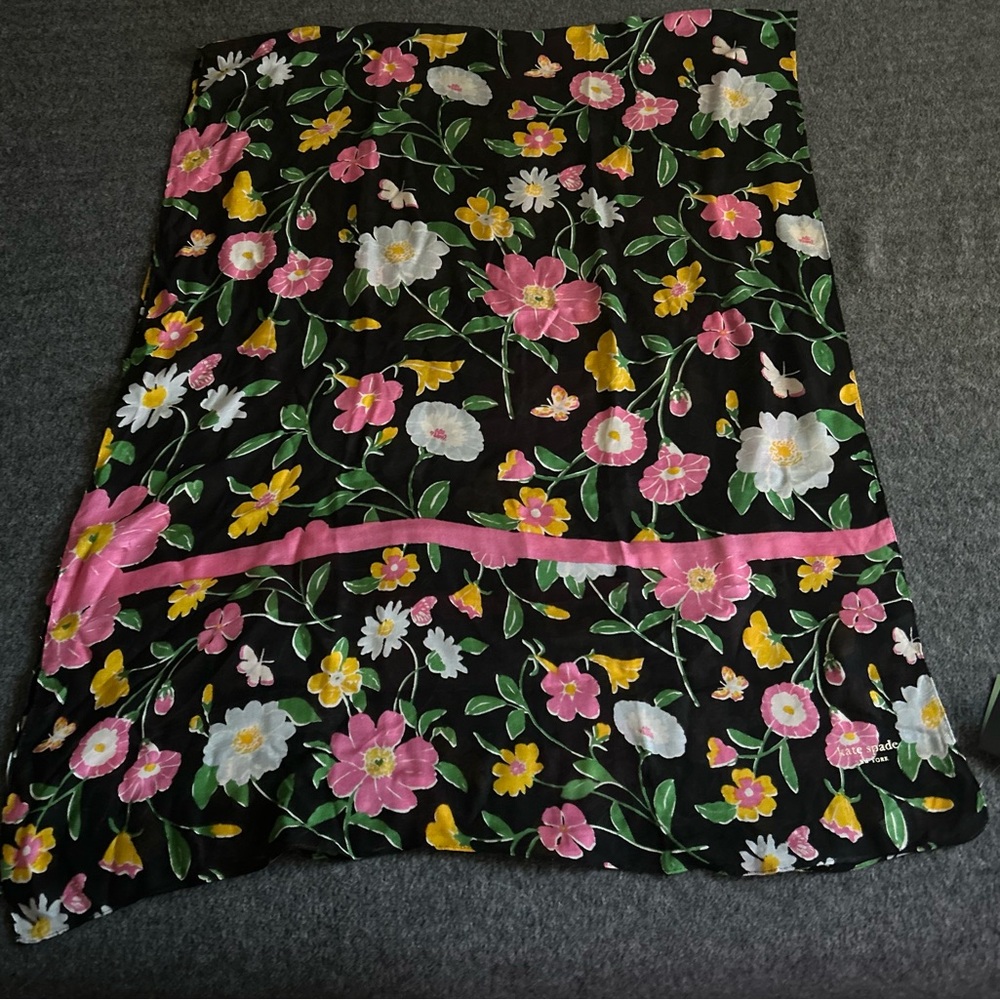 Kate Spade Black scarf with pink and yellow Floral Design NWT